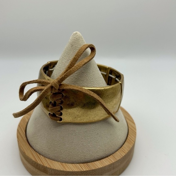 Boho Gold Tone Square Stretch Bracelet with Leather Lace Tie Up Design - Picture 3 of 10